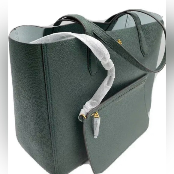NWT TORY BURCH BLAKE TOTE IN JITNEY GREEN LEATHER SHOULDER BAG POUCH - Picture 2 of 9